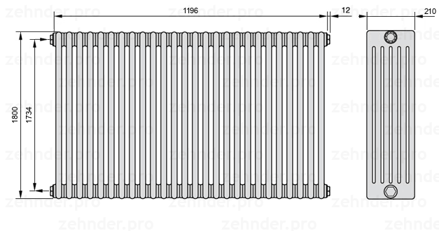 Схема (чертеж) Радиатор Zehnder Charleston 6180/26 №1270 Белый глянцевый RAL 9016